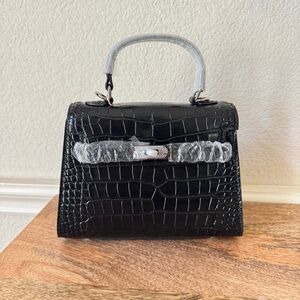 Black Croc Emboss Mini KL 20 Bag w/ Silver HW Crossbody Satchel Lock Key S13